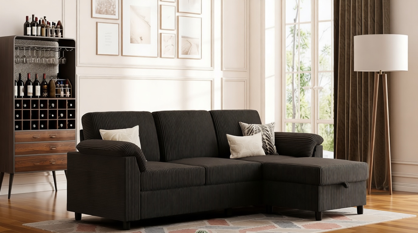 Vongrasig Convertible Sectional Couches, 3 Seat L Shaped Couch Sofa with Removable Pillows Soft Corduroy Fabric Small Couch Mid Century for Living Room, Apartment and Office Black