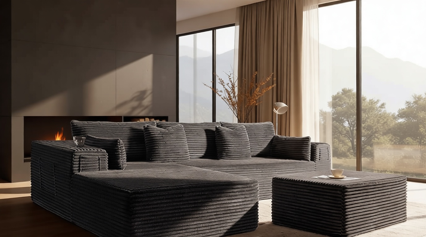 108" Cloud Sectional Couch, Comfort U Shaped Boneless Couch for Living Room, Extra Deep Seats No Assembly, Minimalist Modular Sofa, Corduroy (Dark Grey, 2 Seater + Left Facing Chaise + Ottoman)