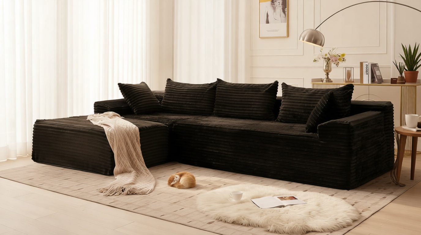 Korser 110" L-Shaped Modular Sectional Sofa with Chaise, Boneless Comfy Corduroy Fluffy Couch with Deep Seat and Side Pockets, Flexible Module Combination for Living Room, No Assembly, Side Pockets