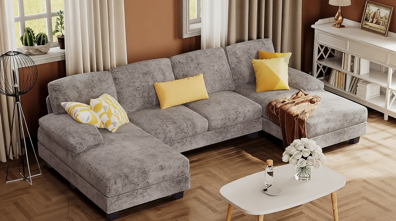 Furmax Sectional Couches for Living Room, U-Shaped Sofa Couch with Linen Fabric, 4 Seat Sofa Set with Double Chaise for Apartment (Fabric, Grey)