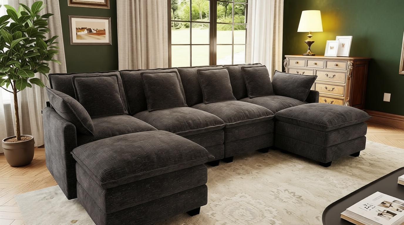 107" Cloud Couch Sectional, U Shaped Modular Sectional Sofa, 4-Seat Deep Seat Couch with 6 Removable Washable Pillows and 2 Ottoman for Living Room, Bedroom, Apartment, Black Grey Global Recycled Standard