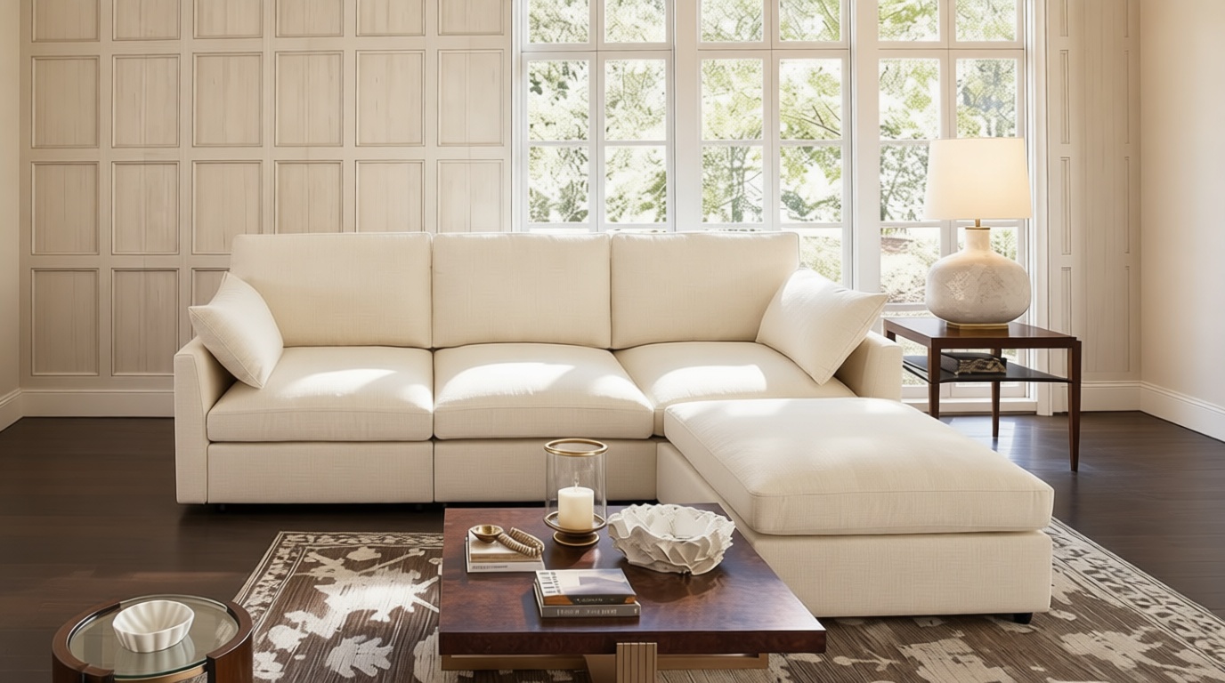 Iroomy Sectional Cloud Couch for Living Room, Spring Cushion Seating, L Shaped Convertible Modular Sofa with Ottoman, Beige | Movable, Balanced Comfort, Soft-Strong Chenille, Apartment-Friendly