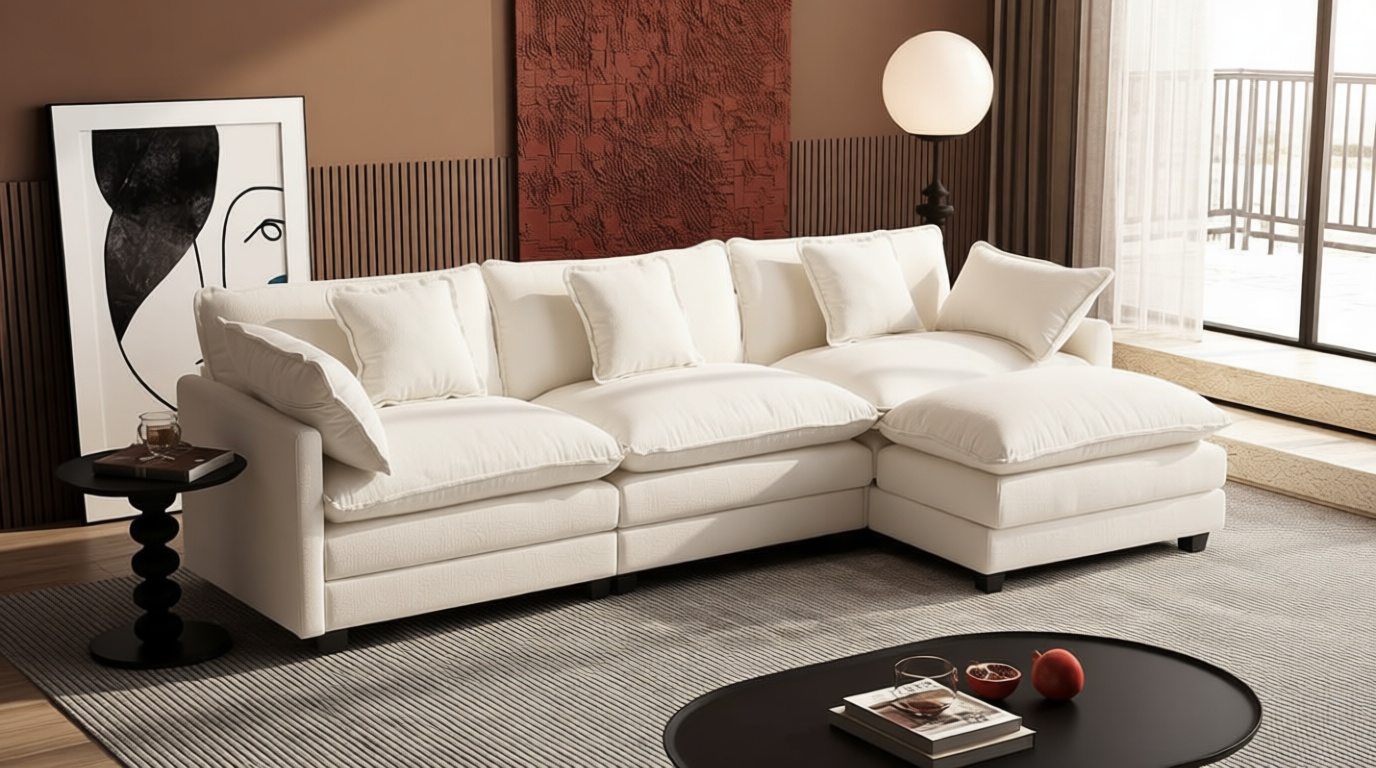 Ihanherry 111.4" L Shaped Modern Sofa Modular Sectional Cloud Couch with Ottoman, 4-Seat Chenille Deep Seat Sofa with Pillow for Living Room, Bedroom and Apartment, Beige Global Recycled Standard