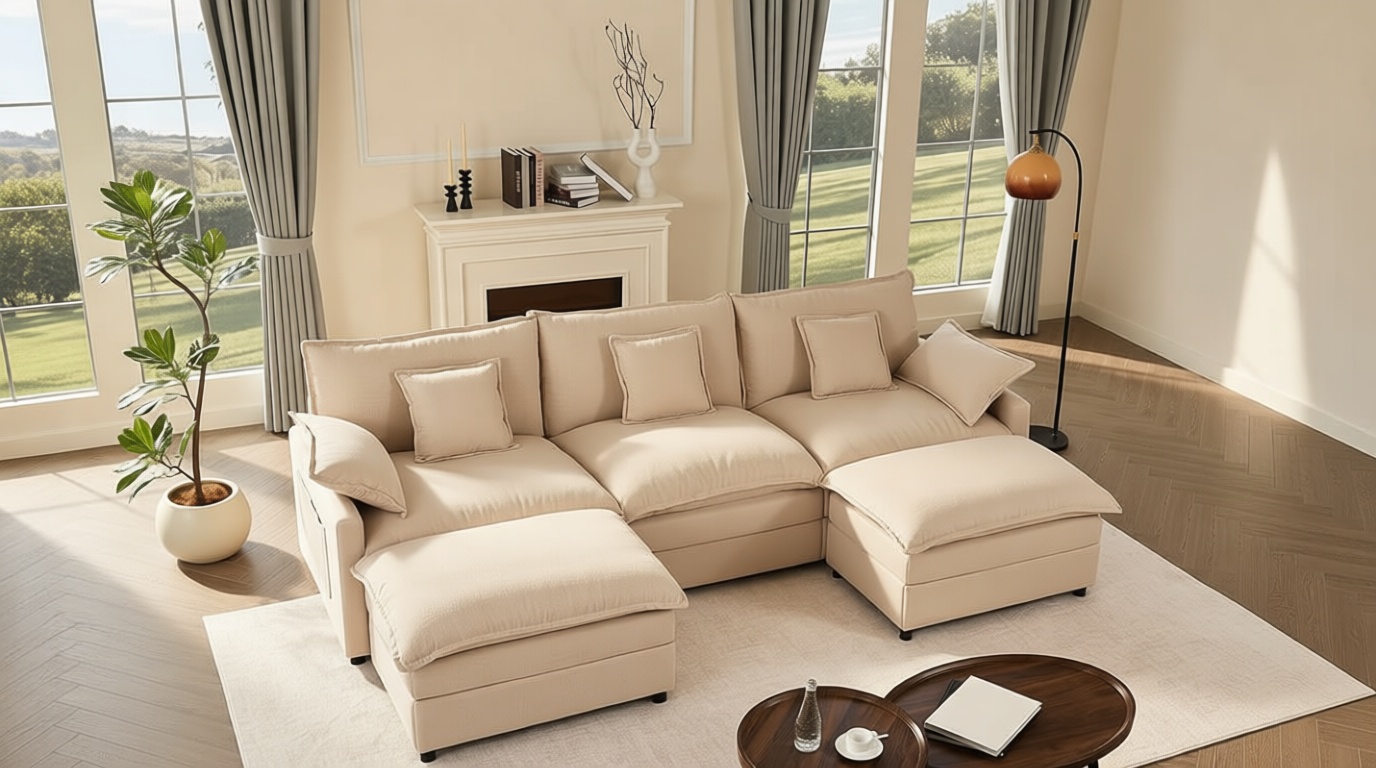 GOSUHI 108" U Shaped Couch, Modular Sectional Sofa, 3-Seater Comfy Cloud Couch, Set of Modular Pieces with Movable Ottoman, Deep Seat Couches for Living Room, Linen, Beige OEKO-TEX STANDARD 100