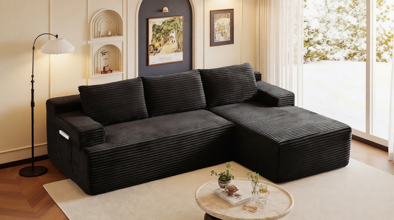 96" Sectional Couches for Living Room Cloud Couch Sofa with L-Shape Upholstered Boneless Couchs Modern Modular Sectional Couch with Chaise (Black, 96" W+Right Facing Chaise+2Seaters)