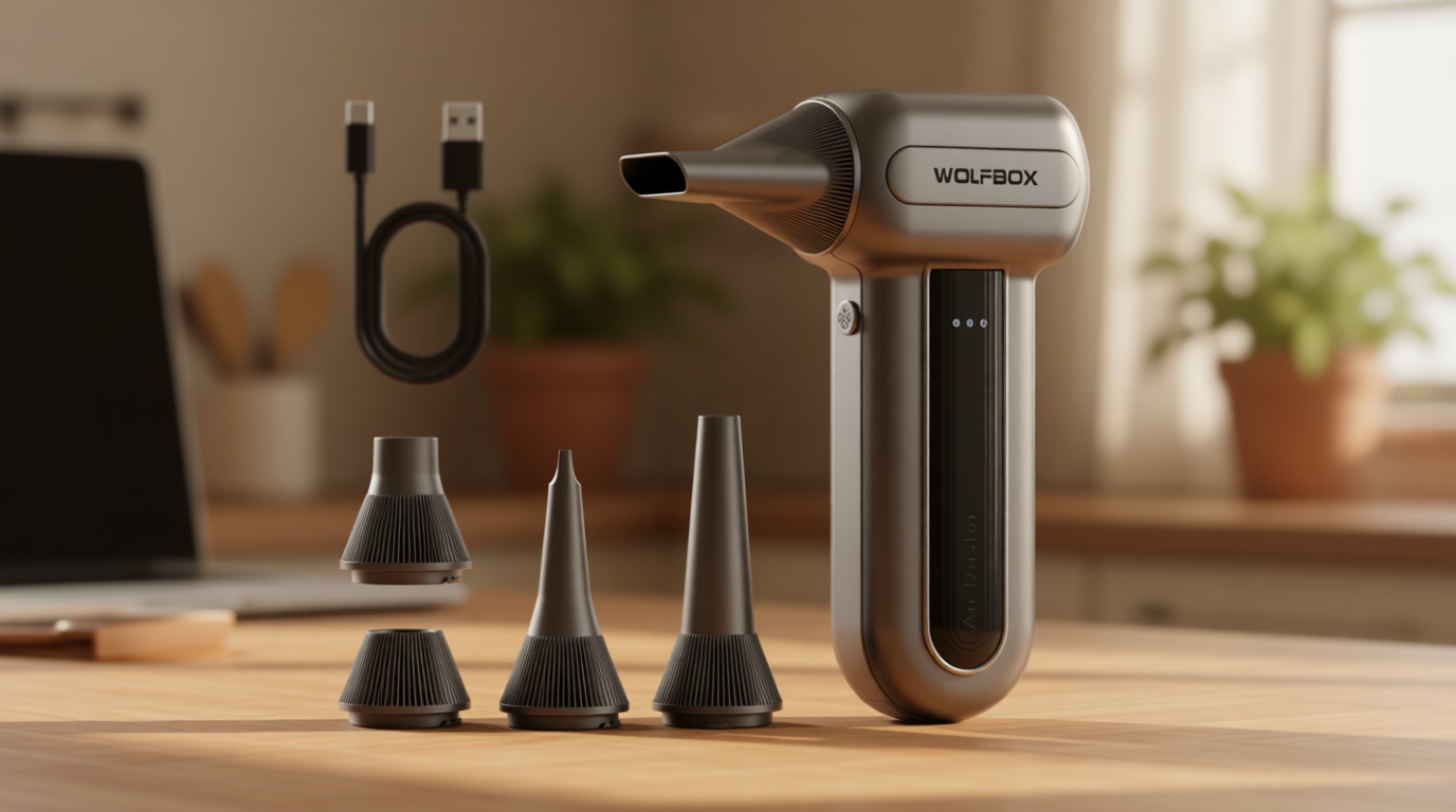 WOLFBOX MF70 Compressed Air Duster-110000 RPM Electric Air Duster with Extended Runtime, 3-Speed Rechargeable Air Blower for Keyboard, Computer, Camera, Car, Home, 5 Nozzles