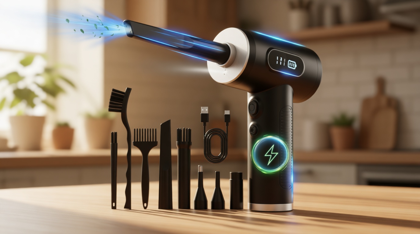 Compressed Air Duster-3 Gear Adjustable 100000RPM Electric Air Duster with LED Light, Rechargeable Cordless Air Blower for Keyboard Electric Devices Cleaning. Replaces Compressed Air Cans (Black)