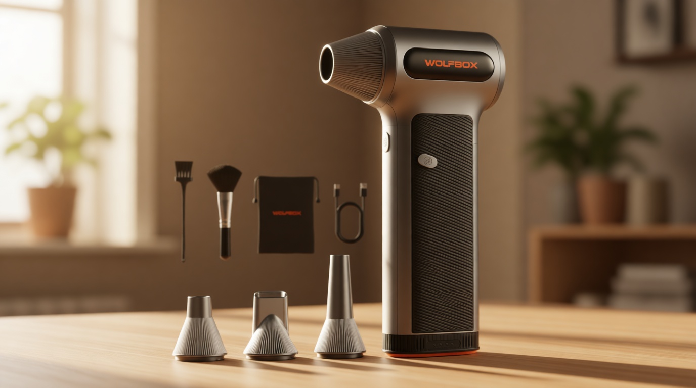 WOLFBOX MF200 Compressed Air Duster with Removable Battery & 4 Nozzles, Cordless 3-Speed Adjustable Mini Blower for Computer Keyboard, Car Cleaning, Home, and Outdoor Use