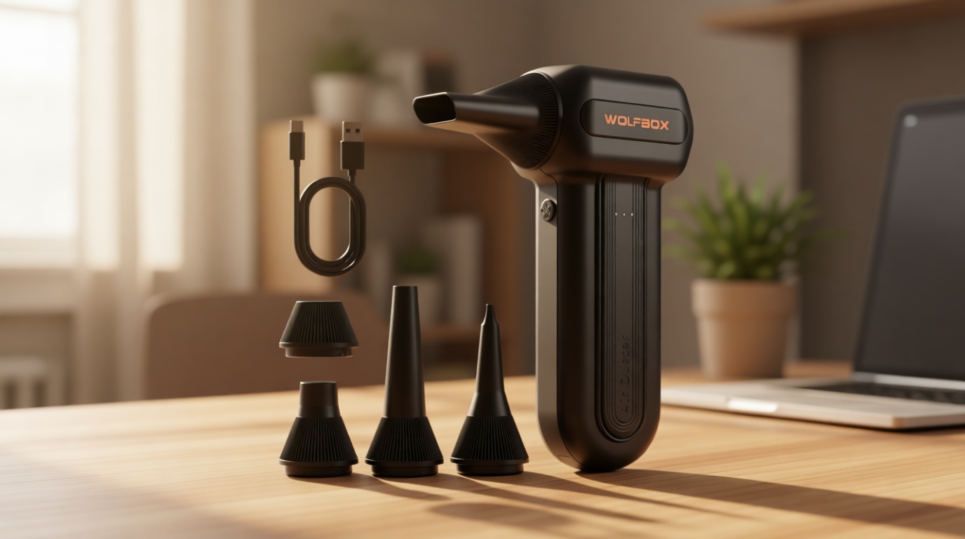 WOLFBOX MF60 Compressed Air Duster-110000RPM Super Power Electric Air Duster, 3-Speed Adjustable Rechargeable Cordless Air Blower with Fast Charging for PC Keyboard Cleaning, Car, Home, 5 Nozzle