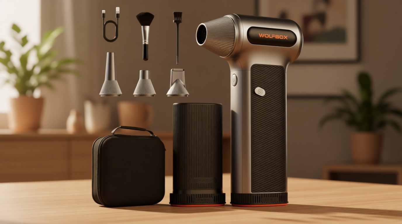 WOLFBOX MF200-2PK Compressed Air Duster - 2 Swappable Battery Packs & Case, Hurricane-Force Electric Air Blower for PC, Car Detailing, Camping & Home, High-Pressure Duster for Narrow Gaps & Crevices