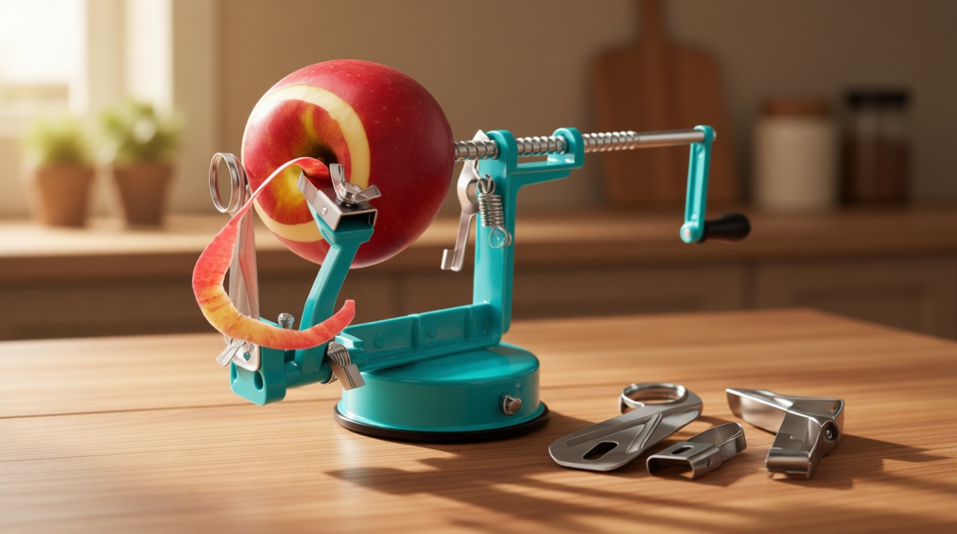 Apple Peeler Corer, 5 In 1 Apple Peeler Slicer Corer with Stainless Steel Blades and Powerful Suction Base for Apples and Potatoes(Teal)