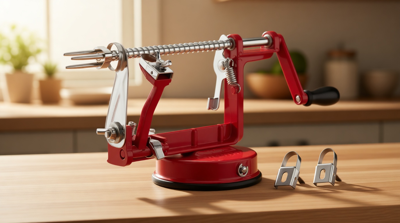 Apple Peeler Corer, Long lasting Chrome Cast Magnesium Alloy Apple Peeler Slicer Corer with Stainless Steel Blades and Powerful Suction Base for Apples and Potato(Red)