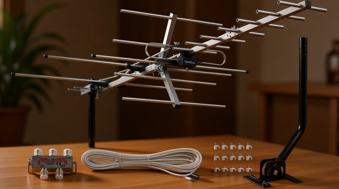 Five Star Yagi Satellite HD TV Antenna up to 200 Mile Long Range, Attic or Roof Mount Digital OTA TV Antenna for 4K Supports 4 TVs Installation Kit & Mounting Pole, Radio/FM Antenna