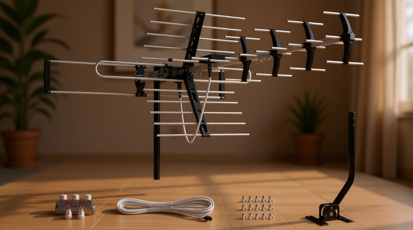 Five Star Outdoor HDTV Antenna up to 200 Mile Long Range, Attic or Roof Mount, Digital OTA Antenna for 4K 1080P VHF UHF Supports 4 TVs Installation Kit & J Mount, ATSC 3.0 Ready