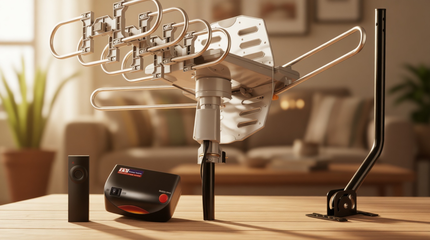 PBD Amplified Outdoor TV Antenna with 360° Motorized Rotation, UHF/VHF Long-Range Reception, Remote Control, Mounting Pole & 40FT RG6 Cable, Dual TV Outputs, Supports 4K/1080P Smart & Older TVs