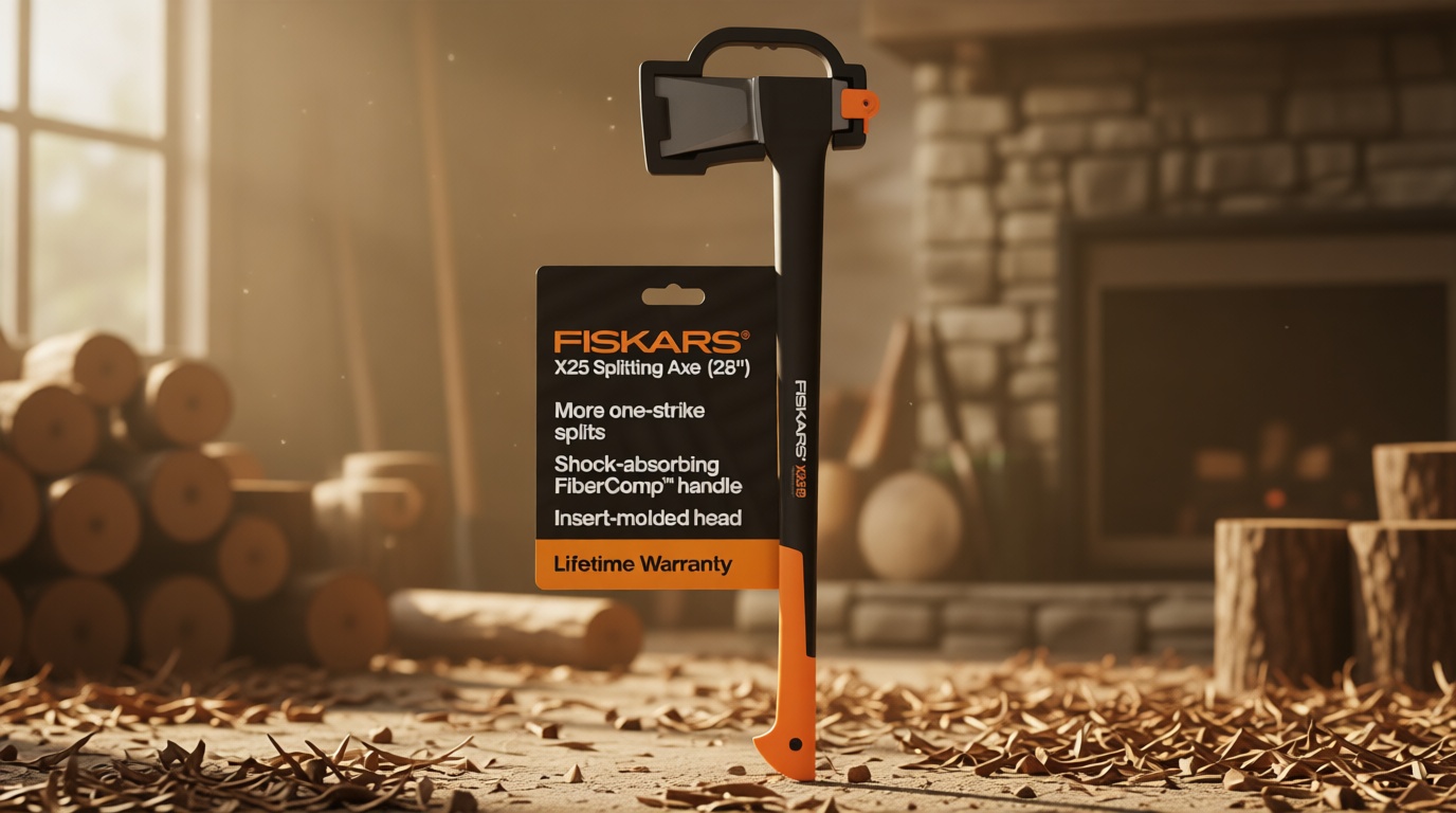 Fiskars X25 Splitting Axe, 28" Wood Splitting Axe for Medium to Large Size Logs with Shock Absorbing Handle and Sheath, Split Firewood, Forged Steel Blade, Bushcraft Gear and Camping Hatchet