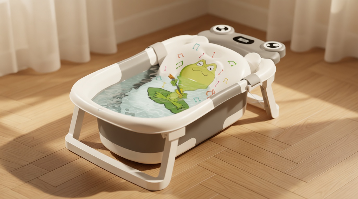 BUNWAG Baby Bathtub, Collapsible Newborn Bathtub for Infant to Toddler with Soft Cushion and Thermometer, Portable Travel Newborn Tub with No-Slip Feet, Baby Shower Gifts, 0-12 Months Baby Bath, Grey