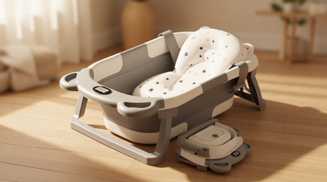 TPN Collapsible Baby Bathtub, Baby Bath Tub with Soft Cushion & Real-Time Thermometer, Baby Bathtub Infant to Toddler Tub (0-36 Months), Portable Newborn Travel Bath tub
