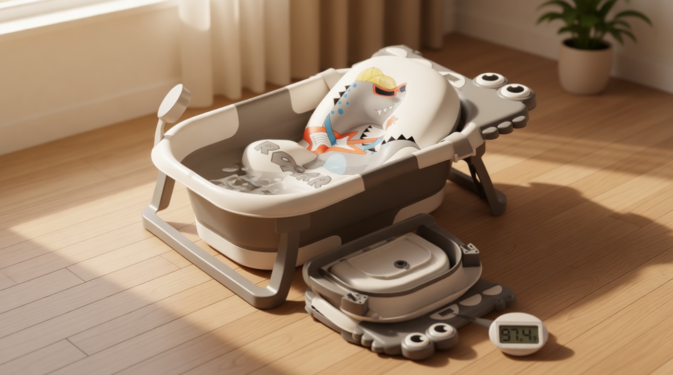 TPN Collapsible Baby Bathtub, Baby Bath Tub with Soft Cushion & Real-Time Thermometer, Baby Bathtub Infant to Toddler Tub (0-36 Months), Portable Newborn Travel Bath tub