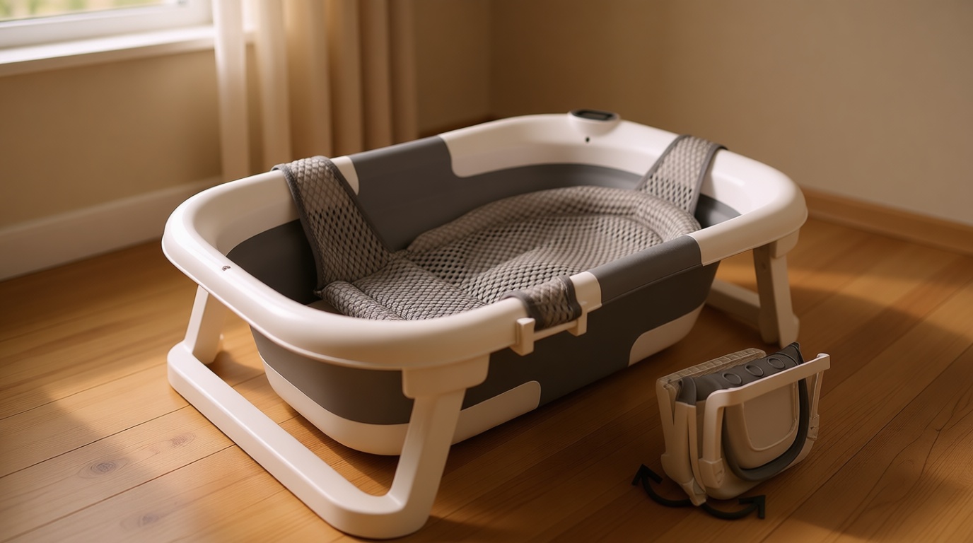 BEBELEH™ Collapsible Baby Bathtub with Thermometer – Bathtub + Baby tub Sling + Newborn Sling – Baby Bathtub Newborn to Toddler 0-24 Months – The Ultimate Baby Bath Tub! (with Thermometer,Gray)