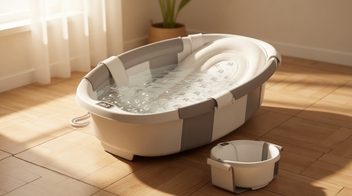 Himold Collapsible Baby Bathtub for Newborn to Toddler 0-36 Months, Spacious Foldable Infant Bath Tub with Thermometer, Cushion & Drain Hole, Portable Travel Tub Grey