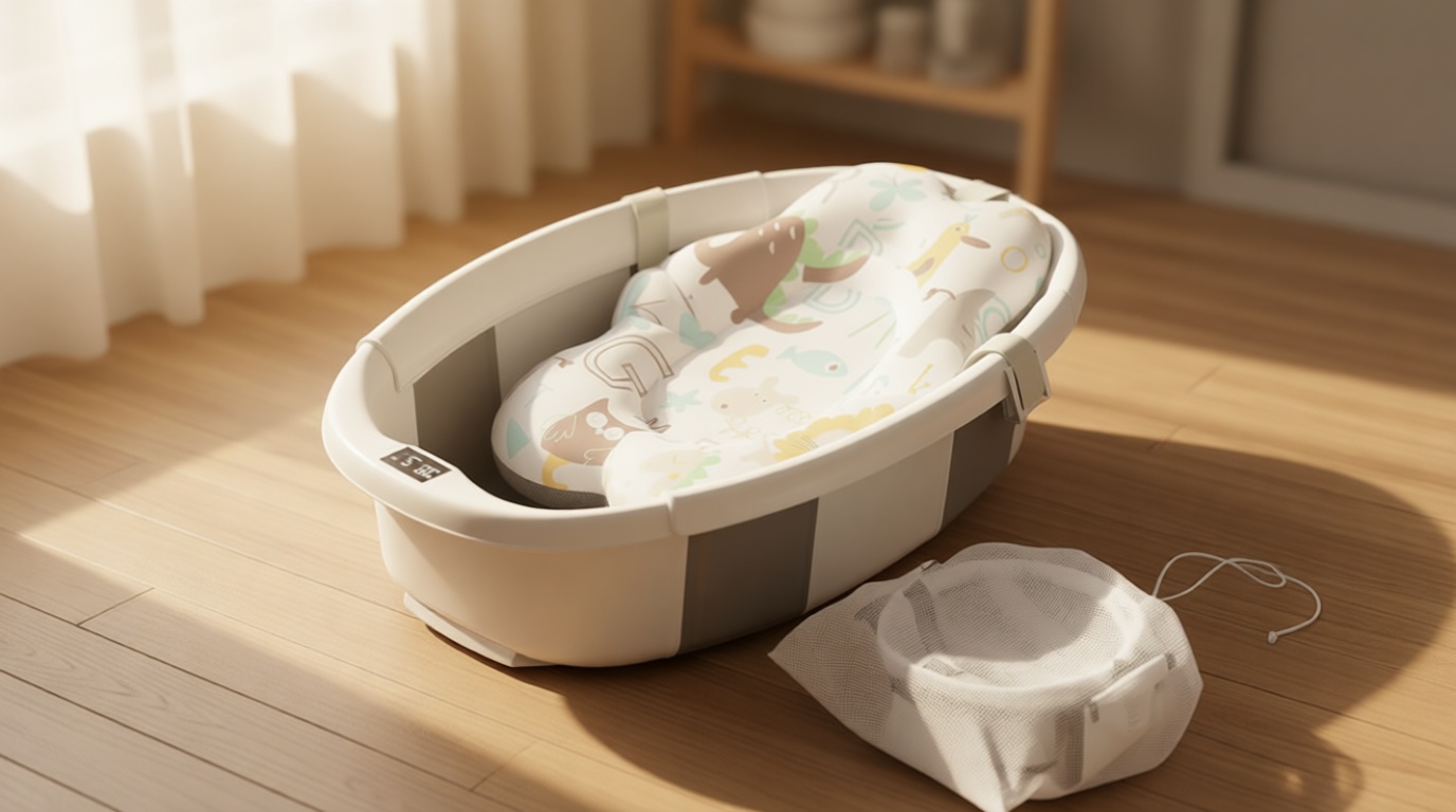 Collapsible Baby Bathtub - Large Baby Bath Tub with Thermometer & Cushion | Travel Portable Newborn Infant Bathtub | Foldable Toddler Bathtub for Baby 0 to 36 Months (Grey)