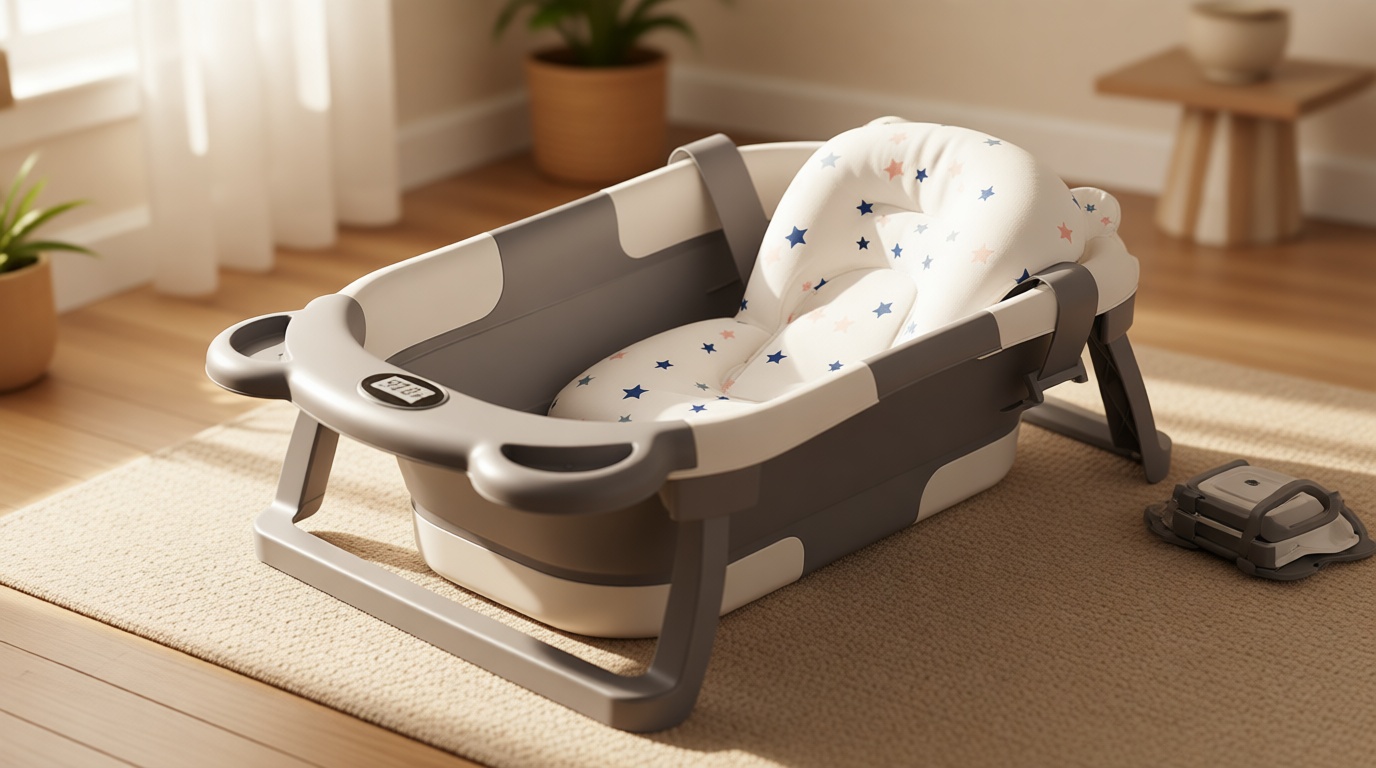 MoreFeel Collapsible Baby Bathtub for Newborn with Thermometer & 1 Hooded Towel & 1 Soft Floating Cushion,Portable Travel Bathtub with Drain Hole, Durable Foldable Baby Tubs for Infants to Toddler