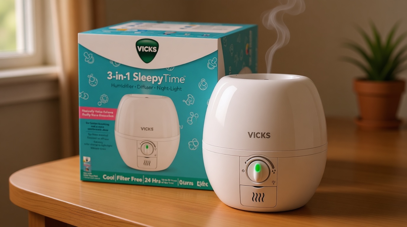 Vicks Humidifier 3-in-1 SleepyTime Cool Mist Humidifier for Baby & Kids Rooms with Color Changing Night Light and Essential Oil Diffuser, White