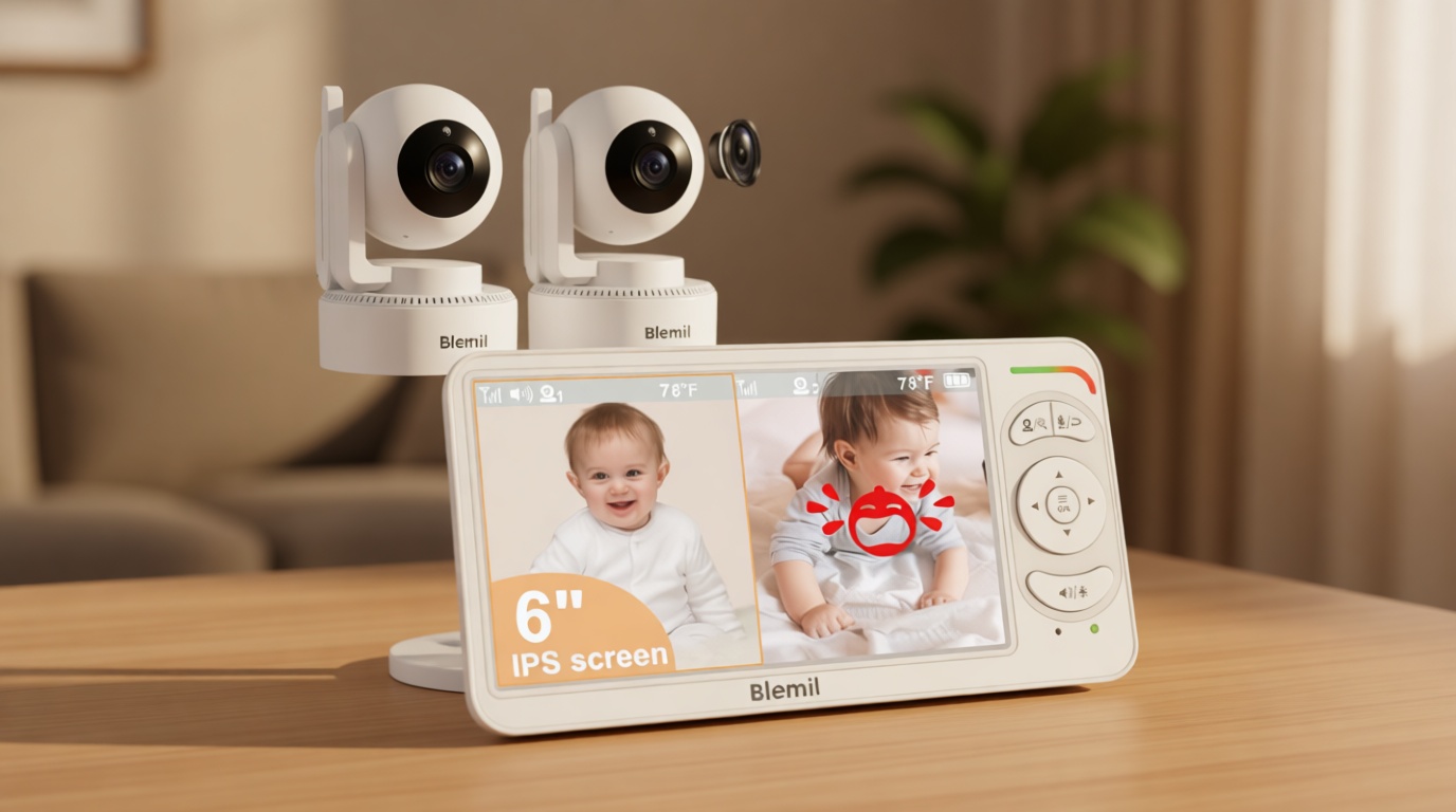 Blemil 6" Baby Monitor with 2 Cameras 4000mAh Battery Upgrade Split Screen Video Baby Monitor No WiFi Remote Pan-Tilt-Zoom Auto-Night Vision 150 Languages ECO Mode 2-Way Talk 1000FT (Ideal Condition)
