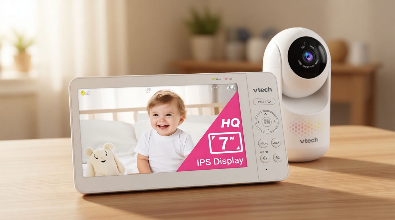 VTech 7" Baby Monitor with IPS Screen, Pan Tilt Zoom Camera, No WiFi Video Baby Monitor with Camera and Audio, Multi-Color Night Light, 2-Way Talk, Lullabies, Advanced HQ Max