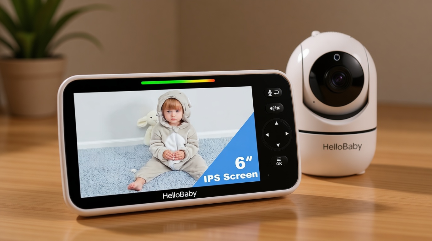 HelloBaby 6'' World First IPS 30H Battery Split-Screen Video Baby Monitor with Camera and Audio, No WiFi, Pan-Tilt-Zoom, VOX, 2-Way Talk, Night Vision, 8 Lullabies, 1000ft, for New Parents/Elderly