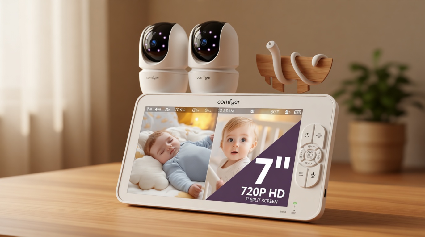 Comfyer BM01 7" HD Split-Screen Baby Monitor with 2 1080P Cameras, 48 Hrs 6000mAh Battery Runs 2 Days in VOX Mode, No WiFi Monitor with a Flexible Bracket, 2 Way Audio, Remote PTZ, Auto Night Vision