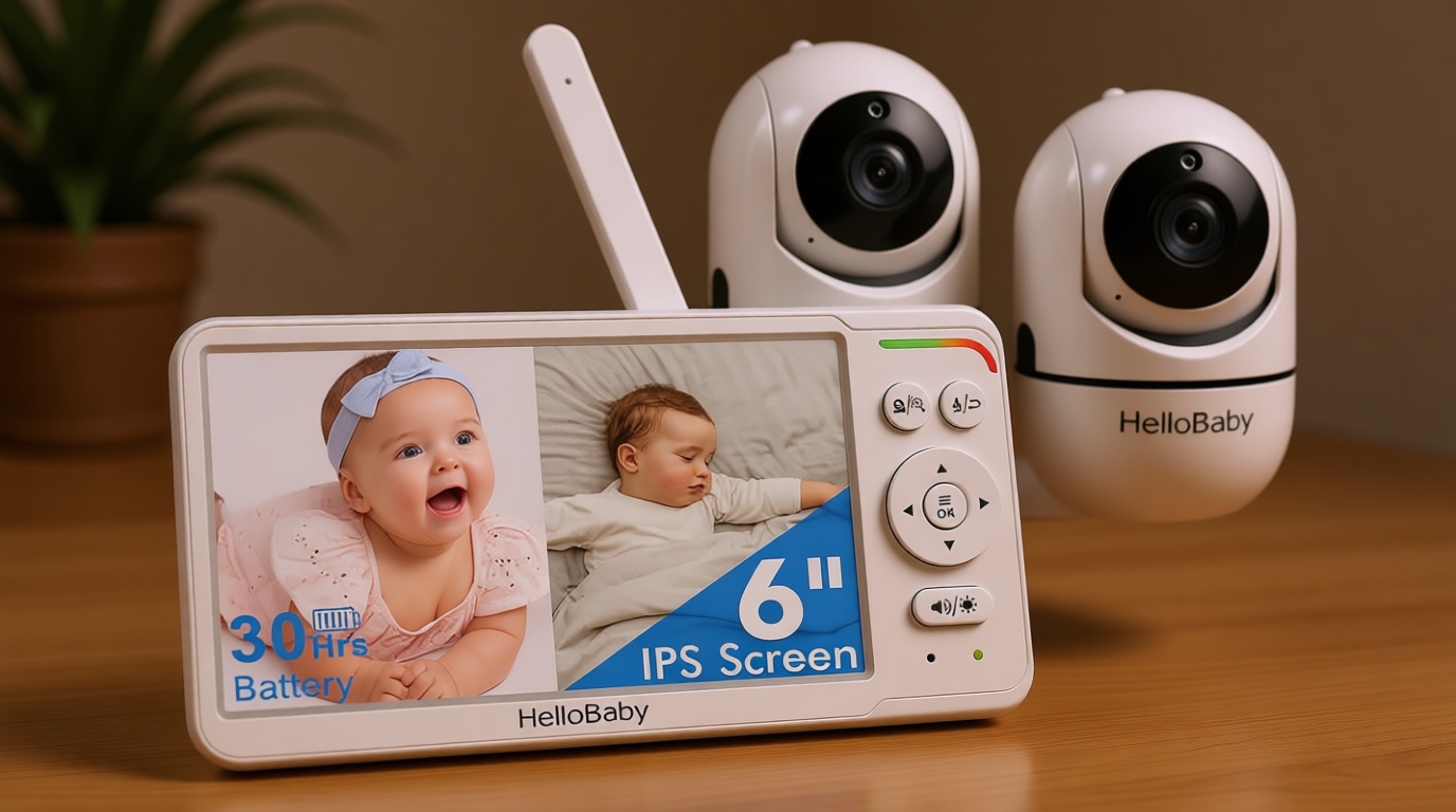 HelloBaby Baby Monitor with 2 Cameras, World First 6" IPS Split Screen, Double Cameras No WiFi, 30H Battery, 2-Way Audio, Pan-Tilt-Zoom, VOX Mode, Night Vision, 8 Lullabies, 1000ft Range