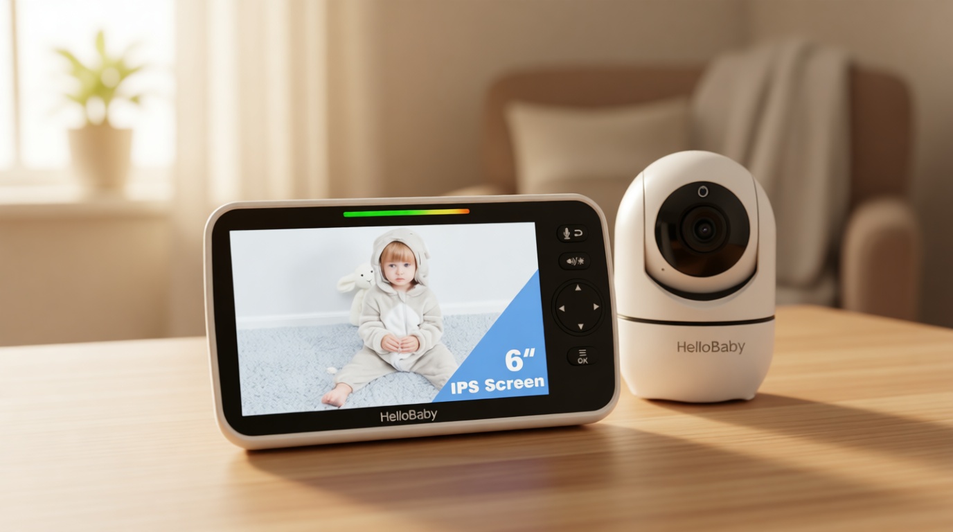 HelloBaby 6'' World First IPS 30H Battery Split-Screen Video Baby Monitor with Camera and Audio, No WiFi, Pan-Tilt-Zoom, VOX, 2-Way Talk, Night Vision, 8 Lullabies, 1000ft, for New Parents/Elderly