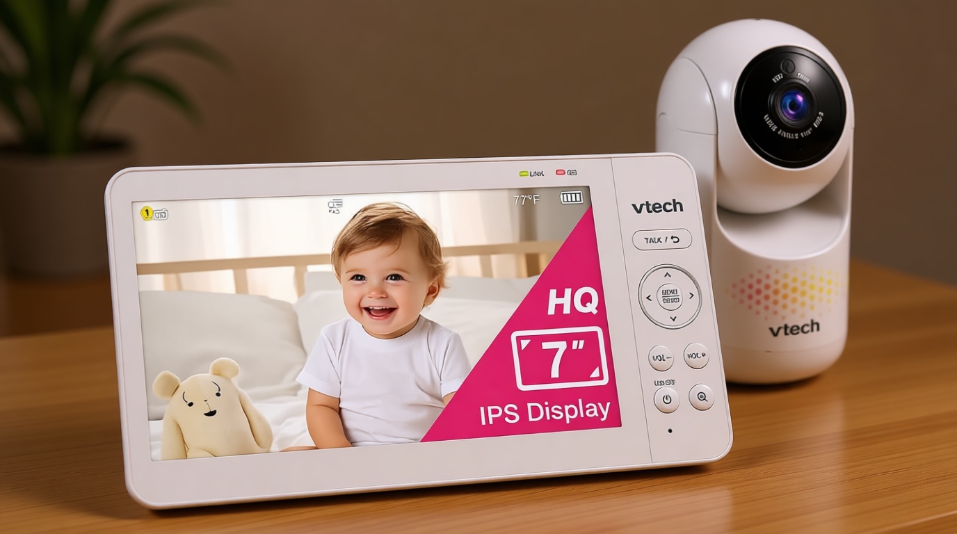 VTech 7" Baby Monitor with IPS Screen, Pan Tilt Zoom Camera, No WiFi Video Baby Monitor with Camera and Audio, Multi-Color Night Light, 2-Way Talk, Lullabies, Advanced HQ Max