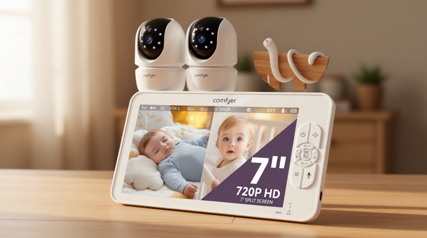 Comfyer BM01 7" HD Split-Screen Baby Monitor with 2 1080P Cameras, 48 Hrs 6000mAh Battery Runs 2 Days in VOX Mode, No WiFi Monitor with a Flexible Bracket, 2 Way Audio, Remote PTZ, Auto Night Vision