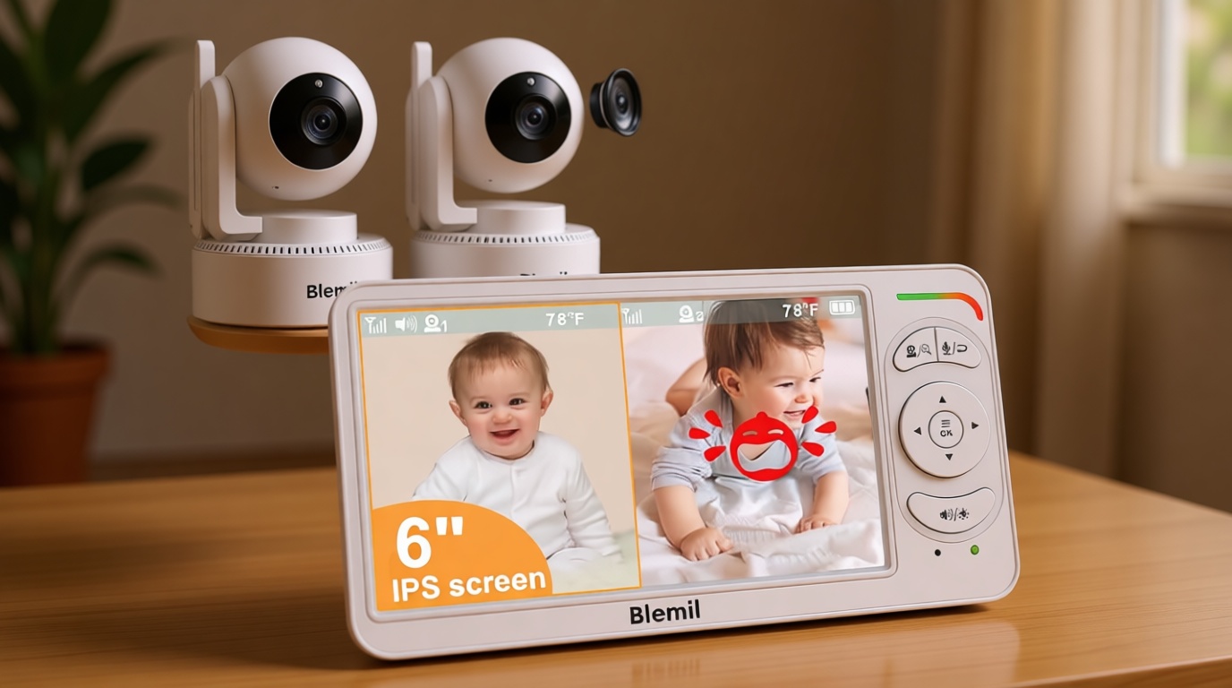 Blemil 6" Baby Monitor with 2 Cameras 4000mAh Battery Upgrade Split Screen Video Baby Monitor No WiFi Remote Pan-Tilt-Zoom Auto-Night Vision 150 Languages ECO Mode 2-Way Talk 1000FT (Ideal Condition)