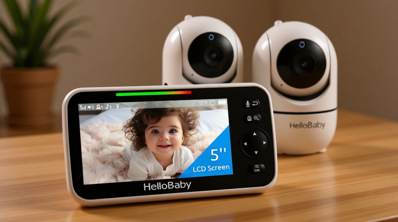 HelloBaby Upgrade 5’’ Baby Monitor with 30-Hour Battery, 2 Cameras Pan-Tilt-Zoom, 1000ft Range Video Audio Baby Monitor No WiFi, VOX, Night Vision, 2-Way Talk, 8 Lullabies and Temperature