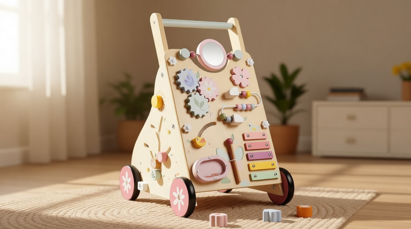 Pithfor Wooden Baby Walker, Baby Push Walker, Push Walker Toys for Babies Learning to Walk & Sit-to-Stand, with Montessori Sensory Toy & Activity Center for Girls Boys