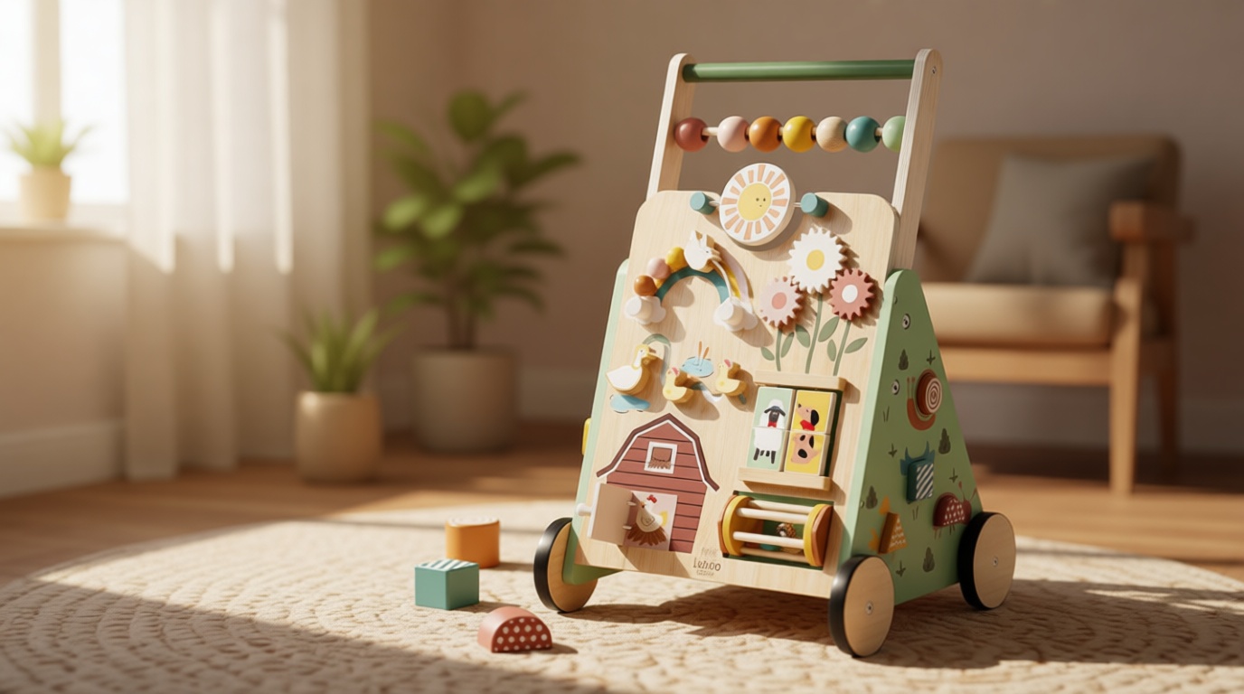 Lehoo Castle Wooden Baby Walker, Adjustable Speed Montessori Walker with Activity Center for Boys Girls, Baby Push Walker Toys for 1 Year Old Learning to Walk