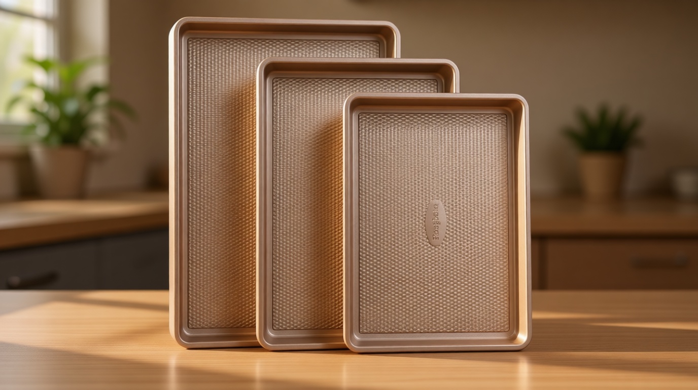 HONGBAKE Baking Sheet Pan Set of 3, Cookie Sheets for Oven, Nonstick Half/Quarter/Jelly Roll Pans with Diamond Texture Pattern, 0.8mm Thick Heavy Duty Cookie Tray, Champagne Gold