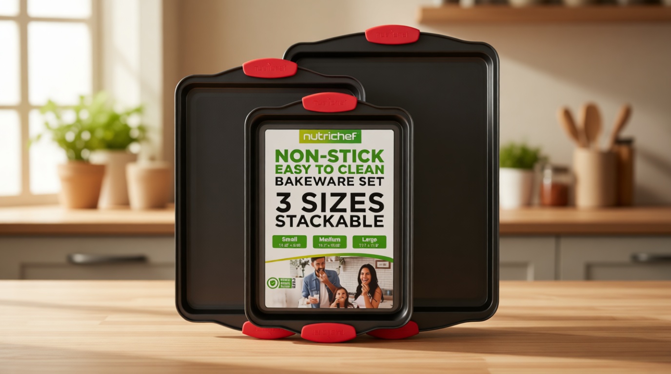 NutriChef 3-Piece Nonstick Kitchen Oven Baking Pans - Premium & Stylish Non-Stick Steel, Commercial Grade Restaurant Quality Metal Bakeware with Red Silicone Handles - Easy to Clean, NCSBS3S
