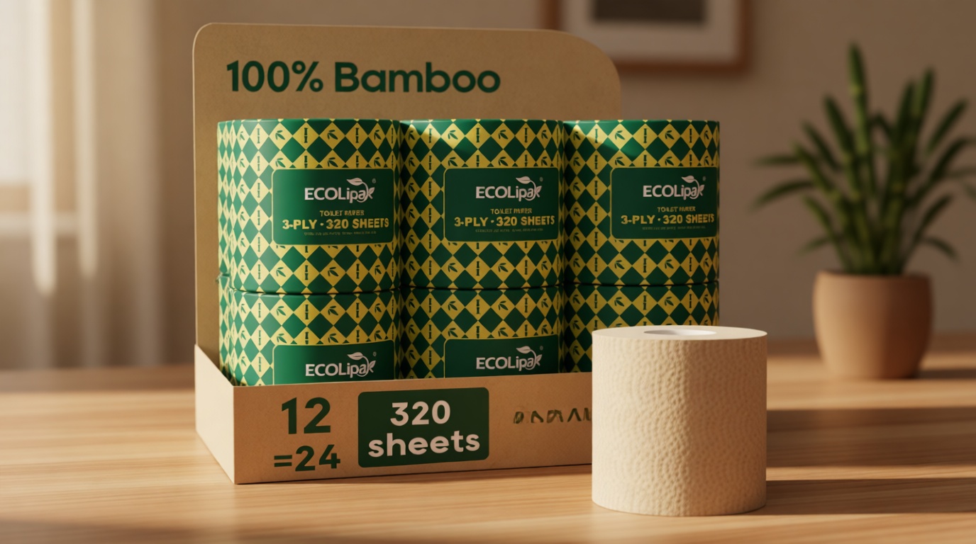 ECOLipak Bamboo Toilet Paper 3 Ply, Septic Safe Toilet Tissue, 12 Double Rolls, 320 Sheets Per Roll, Tree Free, Non Toxic, Soft and Absorbent, Eco Friendly Dye-Free Paper, Brown