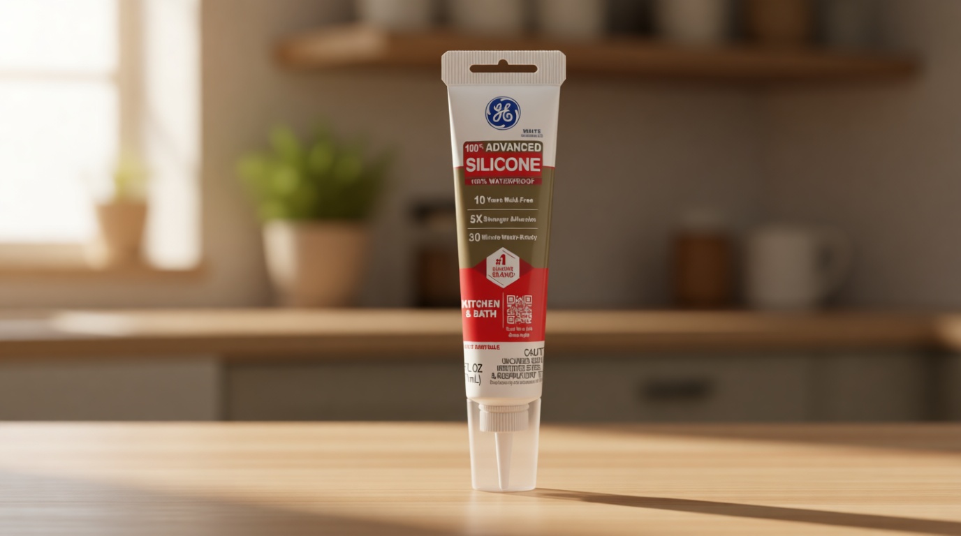 GE Advanced Silicone Caulk for Kitchen & Bathroom, White, 2.8 fl oz Tube, 1 Pack - 100% Waterproof Silicone Sealant, 5X Stronger Adhesion, Shrink & Crack Proof