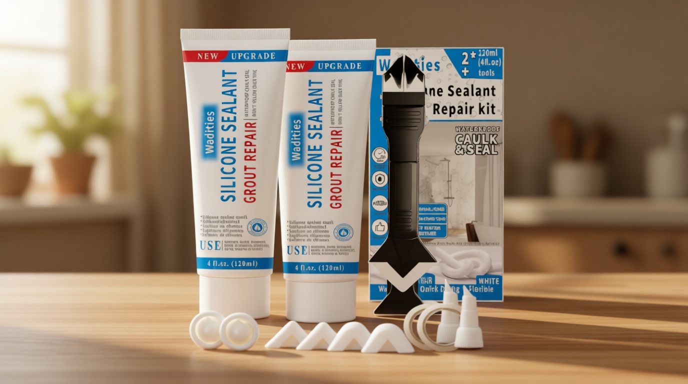 8Oz White Waterproof Caulk & Seal Silicone Sealant, Wadities Tile Grout Repair Kit with Grout Remove Scraper, Shrink & Crack Proof for Bathroom, Shower, Kitchen, Floor (4Oz, Pack of 2)