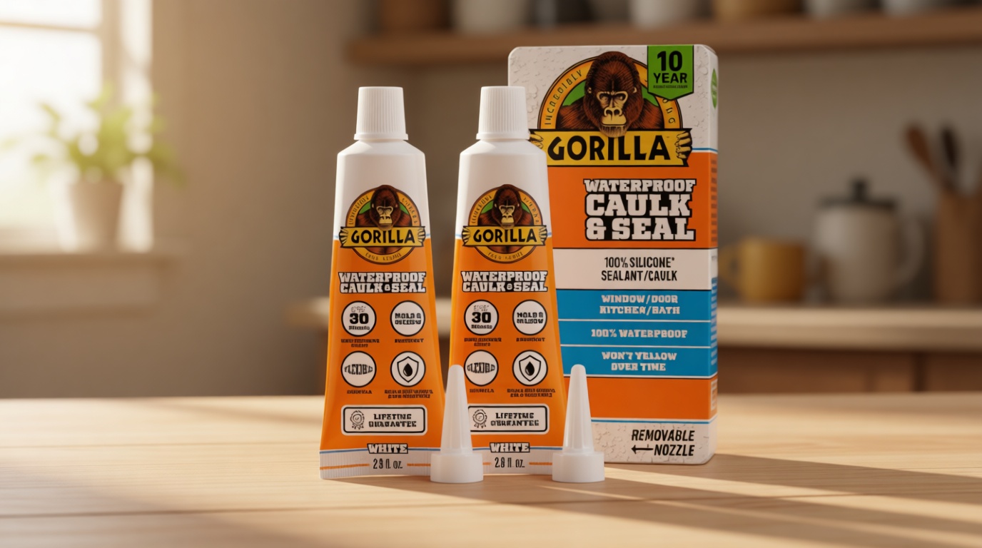 Gorilla 100% Silicone Caulk, Waterproof Sealant, 2.8oz Squeeze Tube (Pack of 2) – White -10 Year Mold Resistant Kitchen, Window, Bath, Marine, Door and More