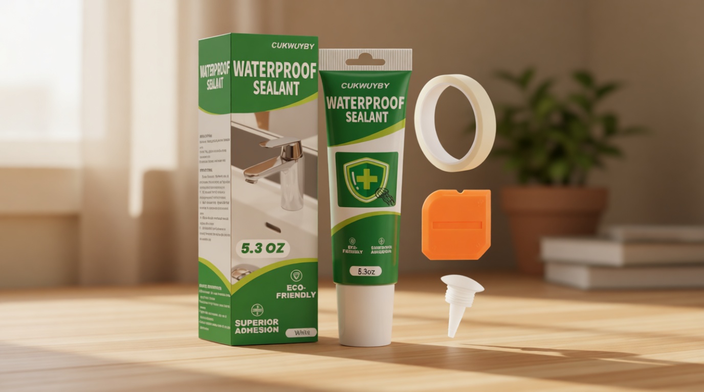 Silicone Caulk 5.3 Oz Squeeze Tube Waterproof Silicone Sealant for Kitchen Bathroom, Stronger Adhesion White Caulk for Window Toilet Sink Door Caulking Sealant with Tape and Scraper, 1 Pack