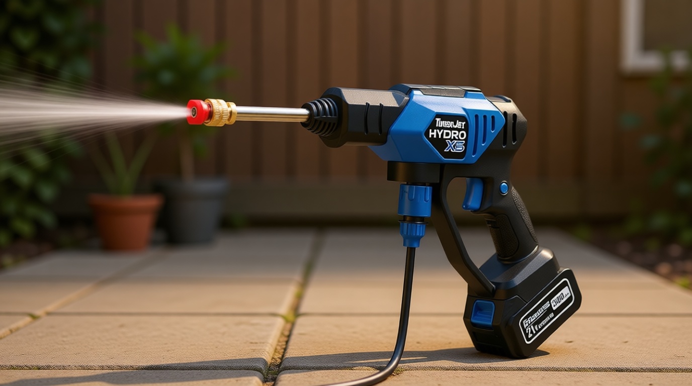 Ontel Turbo Jet HydroX5 Pro Portable Cordless Pressure Washer (21V 3000mAh Battery), 6-in-1 Nozzle, Dual Water Source, 16ft Detachable Hose