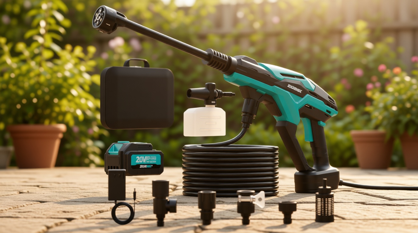 Cordless Portable Cleaning Tool, 800PSI Brushless Cleaning Tool with 18V 4.0Ah Battery, 17FT High Elastic Hose, 6-in-1 Nozzle and Storage Handbag, 3 Power Level Adjustable for Home, Car, Garden