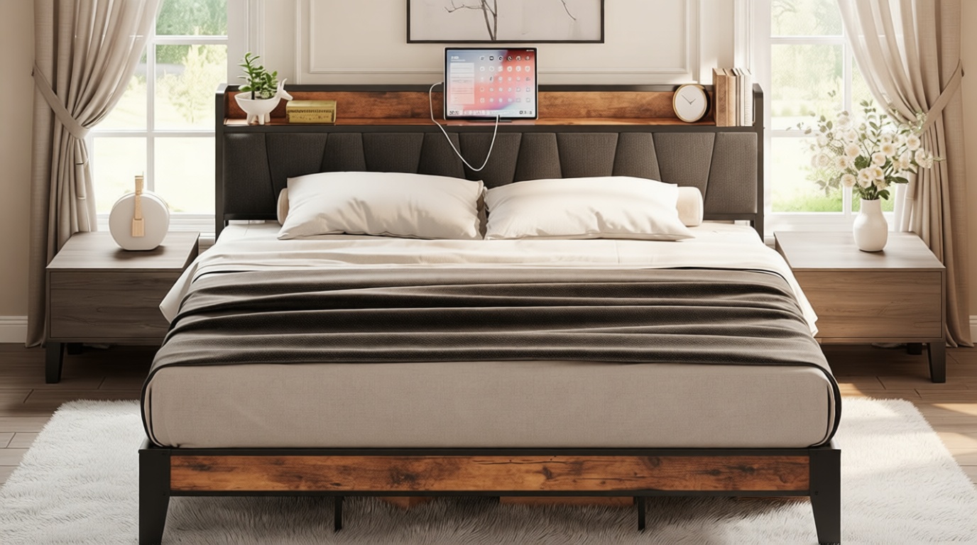 LIKIMIO King Size Bed Frame, Storage Headboard with Charging Station, Solid and Stable, Noise Free, No Box Spring Needed, Easy Assembly